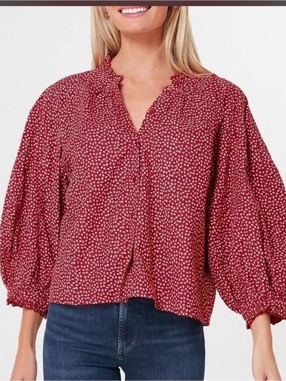 THE GREAT. Red Printed V-Neck Balloon Sleeve Blouse
